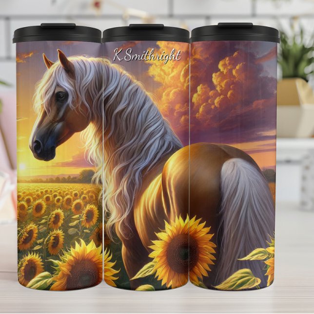 Golden Horse Sunflower Sunset Field Thermosbecher (Von Creator hochgeladen)