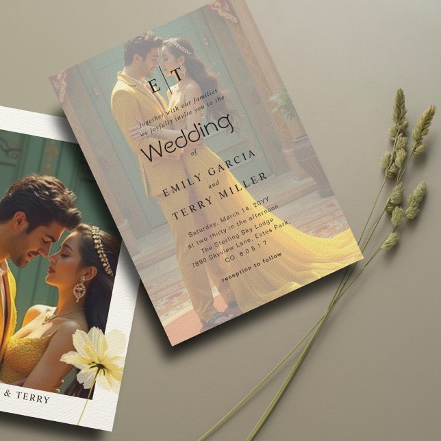 Golden Hour Grace Overlay Foto & Monogram Wedding Einladung (Von Creator hochgeladen)