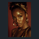 Golden Hour Melanin Beauty Headwrap Portrait Poster<br><div class="desc">Golden-hour light bathes rich brown skin in a warm, luminous glow, accentuating sharp cheekbones, glossy lips, and piercing eyes framed by natural lashes. A vibrant red-gold patterned headwrap crowns her head in elegant volume, while large hammered gold hoops add timeless shine against a solid burnt-orange backdrop. The intimate close-up radiates...</div>