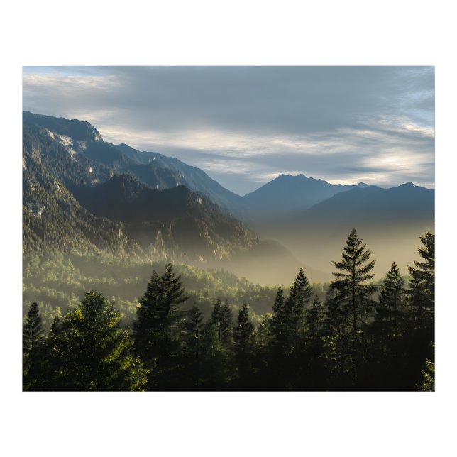 Golden Hour Misty Peaks Evergreen Forest Art Fotodruck (Vorne)