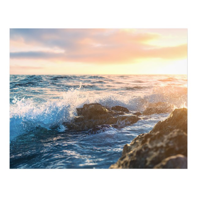 Golden Hour Ocean Waves Crashing on Rocks Sunset Fotodruck (Vorne)