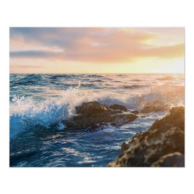 Golden Hour Ocean Waves Crashing on Rocks Sunset Poster (Vorderseite)