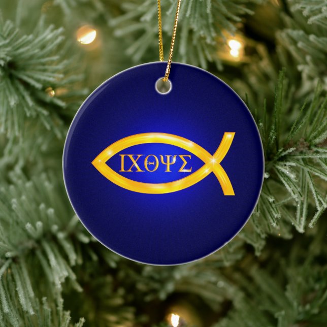 Golden Ichthys | Christlicher Fisch Keramik Ornament (Baum)