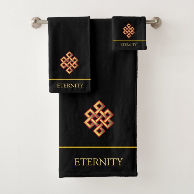 Golden Infinity Knot & bearbeitbarer Text auf schw Badhandtuch Set (Insitu)