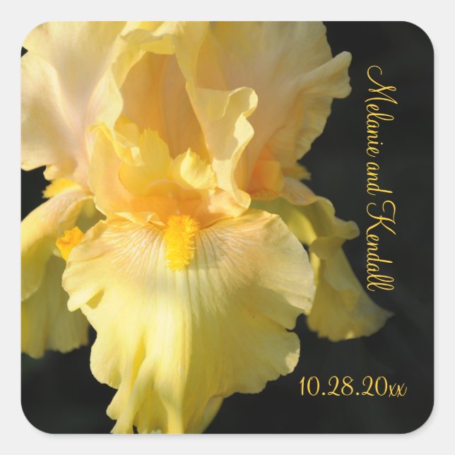 Golden Iris Personalisiert Square Wedding Stickers (Vorderseite)