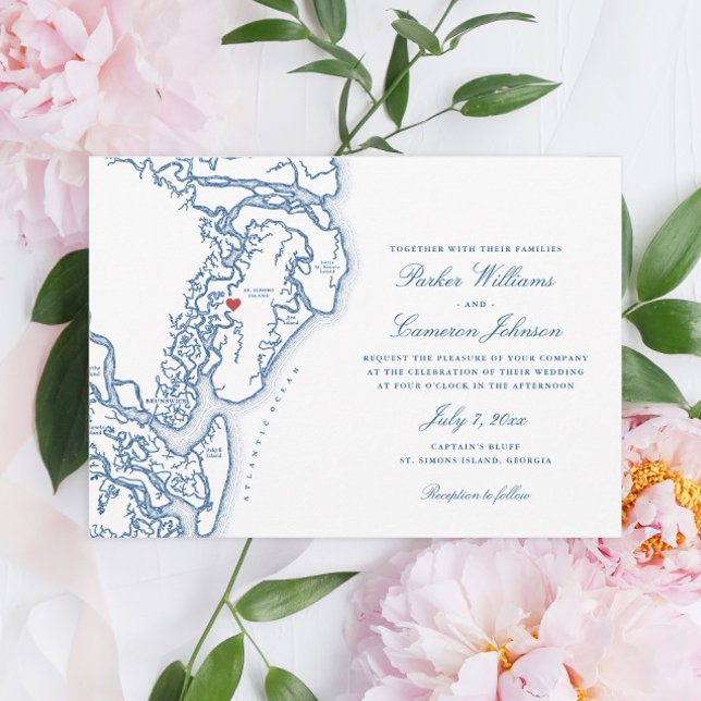 Golden Isles Georgia Karte Elegant Navy Blue Weddi (Golden Isles of Georgia map wedding invitation with a heart over St. Simons Island)