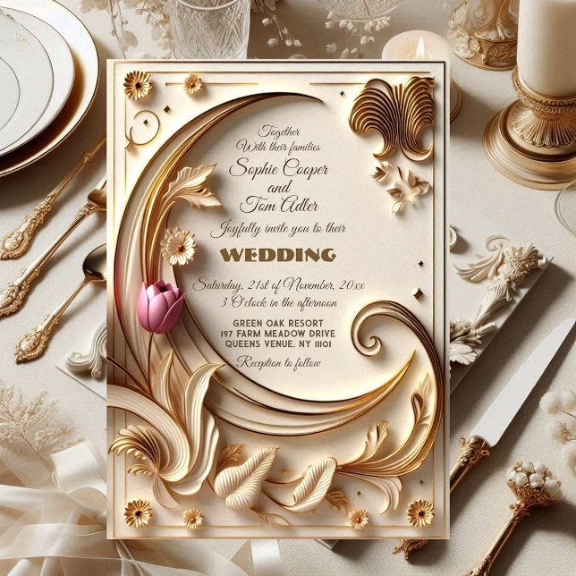 Golden Ivory Baroque Asymmetric Crescent Wedding Einladung (Golden Ivory Baroque Half Moon Wedding Invitation)