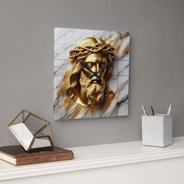 Golden Jesus eine göttliche Gegenwart in Marmor Quadratische Wanduhr (Büro)