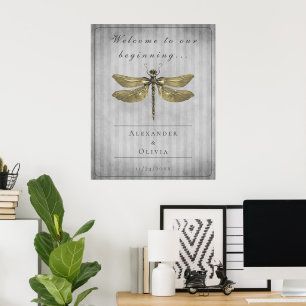 Golden Jeweled Dragonfly Wedding Willkommen Poster
