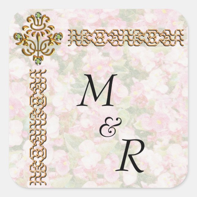 Golden Jeweled Floral Wedding Mit Monogramm Quadratischer Aufkleber (Vorderseite)