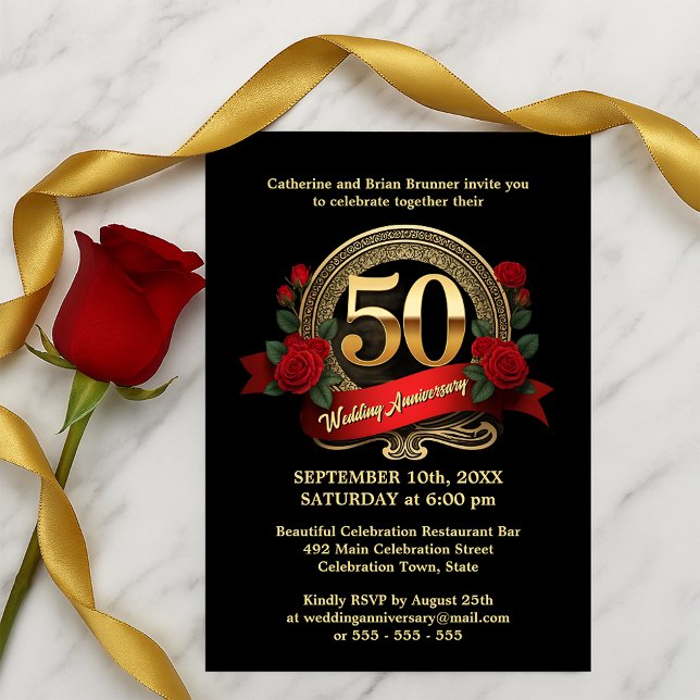 Golden Jubilee Black & Rote Rosen 50 Jahre alt Einladung (Von Creator hochgeladen)
