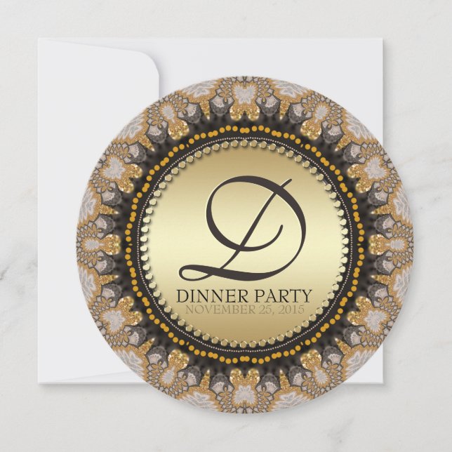 Golden Lace Fraktals Dinner Party (Runde) Einladun Einladung (Vorderseite)