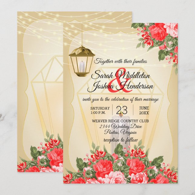 Golden Lanterns und Rote Blume Hochzeit Einladung (Vorne/Hinten)