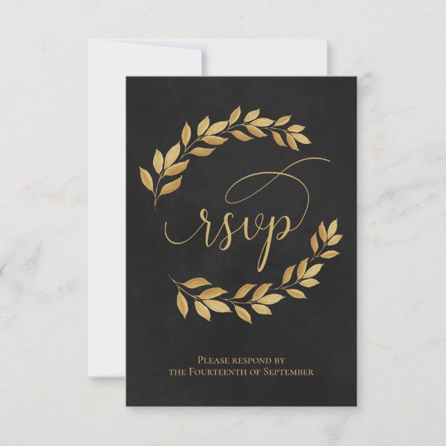 Golden Laurel Blätter auf Black Elegant Wedding RSVP Karte (Vorderseite)
