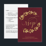 Golden Laurel Leaves on Burgundy Elegant Wedding RSVP Karte<br><div class="desc">These beautiful RSVP cards will make it easy for your guests to respond to your wedding invitation. They feature an elegant design with fancy script calligraphy and hand painted golden laurel leaves on a marbled burgundy background. The back of the card is a form for your guests to fill out...</div>