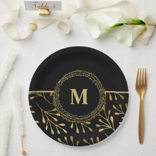 Golden Leaf Muster Schwarz & Gold Elegantes Monogr Pappteller