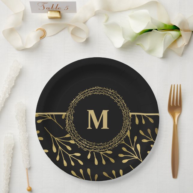 Golden Leaf Muster Schwarz & Gold Elegantes Monogr Pappteller (Hochzeit)