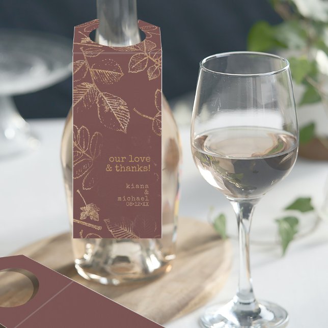 Golden Leaf Muster Wedding Gold/Burgund ID655 Flaschenanhänger (Front/Back In Situ)