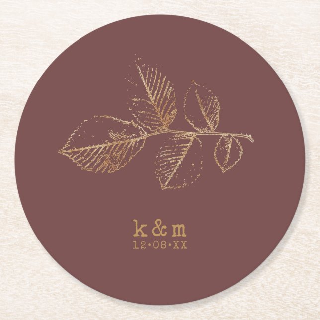 Golden Leaf Wedding Gold/Burgund ID655 Runder Pappuntersetzer (Vorderseite)