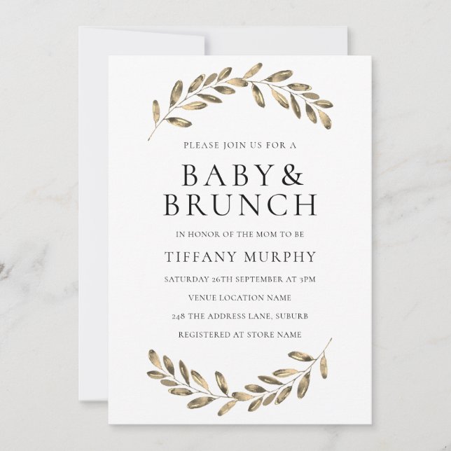 Golden Leaf Wreath Baby Brunch Einladung (Vorderseite)