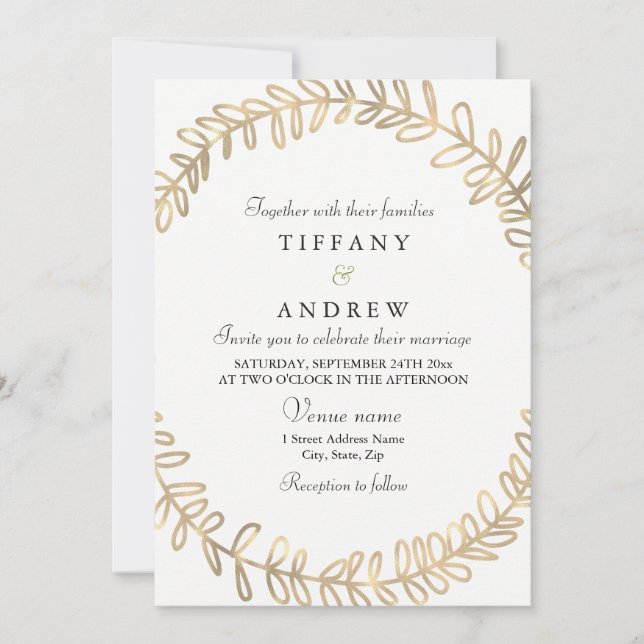 Golden Leaf Wreath Modern Wedding Invitation (Devant)