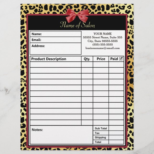 Golden Leopard Print with Red Bow Salon Order Form (Vorderseite)