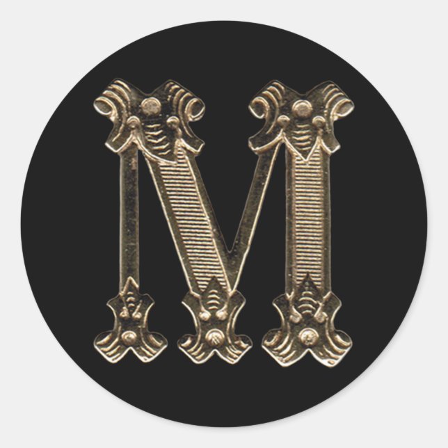 Golden Letter M Initial oder Monogramm auf schwarz Runder Aufkleber (Vorderseite)