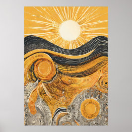 Golden Light Sun Illustration Mauer Poster