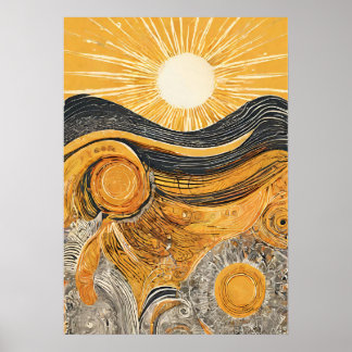Golden Light Sun Illustration Mauer Poster