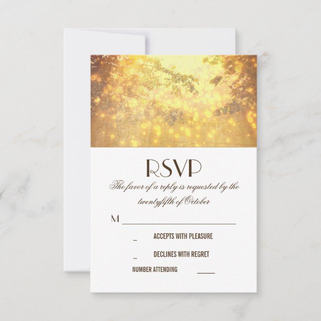Golden Lights Tree Branches Wedding RSVP Karten (Vorderseite)