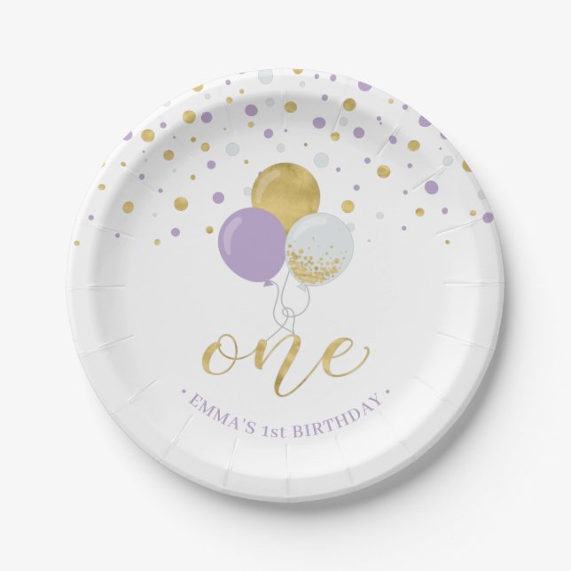 Golden & Lila Confetti Balloons 1. Party zum Gebur Pappteller (Vorderseite)