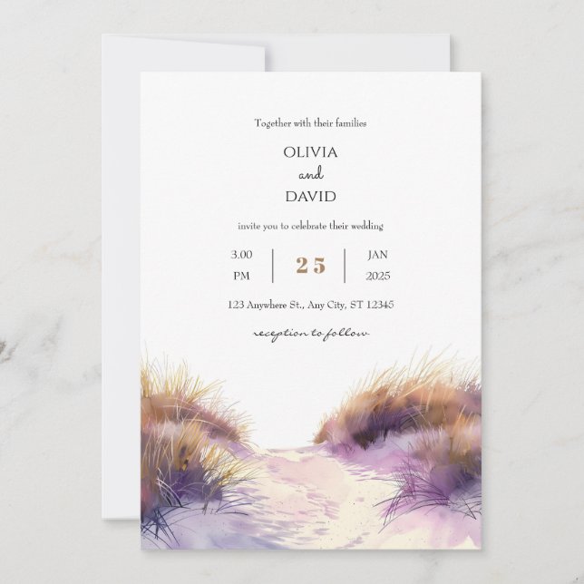 Golden Lila Sunset Sandy Dunes Beach Hochzeit Einladung (Vorderseite)