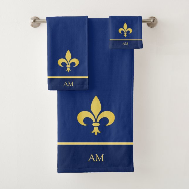 Golden Lilie & Monogram auf Navy Blue Badhandtuch Set (Insitu)