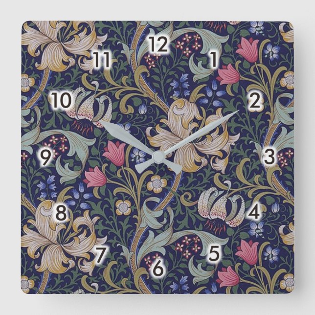 Golden Lily, William Morris Quadratische Wanduhr (Vorderseite)