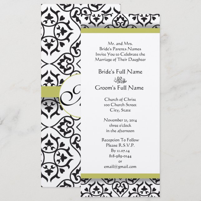 Golden Lime Damask Faire-part de mariage (Devant / Derrière)