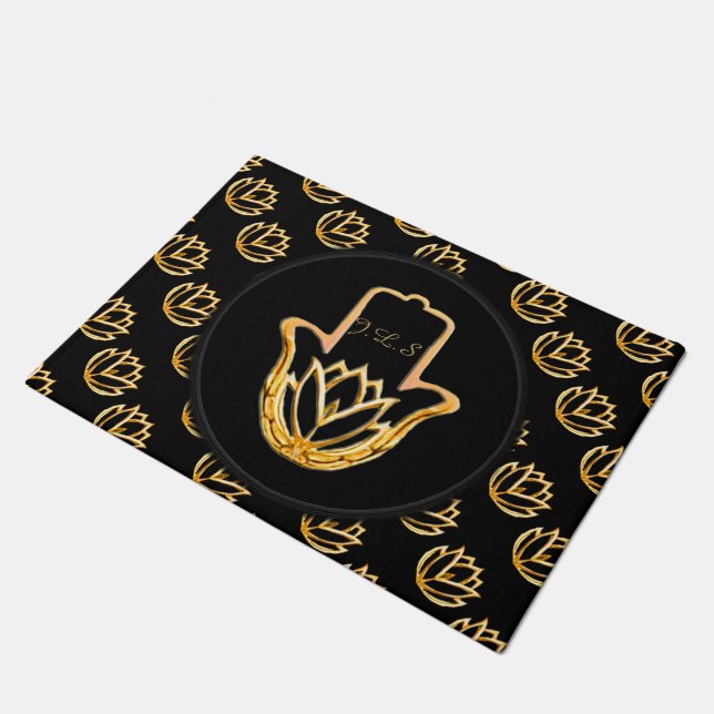 Golden Lotus Hamsa Hand Fußmatte (Schrägansicht)