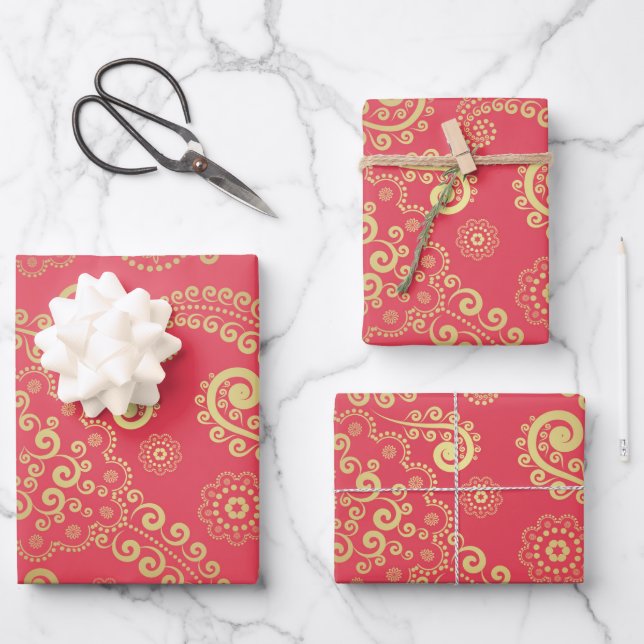Golden Luxe Paisley auf tropisch rosa Hintergrund Geschenkpapier Set (Vorderseite)