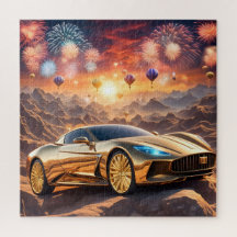 golden luxury car in a desert landscape