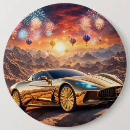 golden luxury car in a desert landscape button