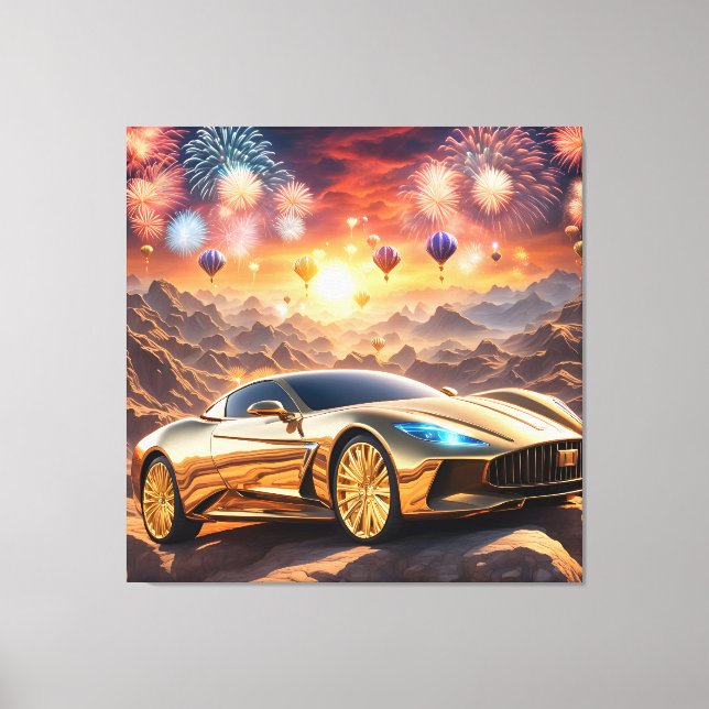 golden luxury car in a desert landscape leinwanddruck (Vorderseite)