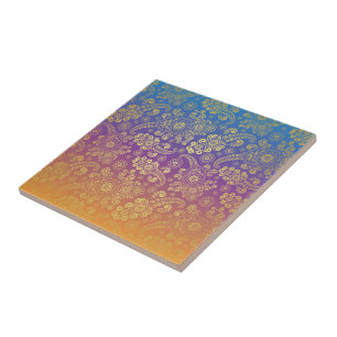 Golden Luxury Paisley in Blau, Lila und Orange Fliese