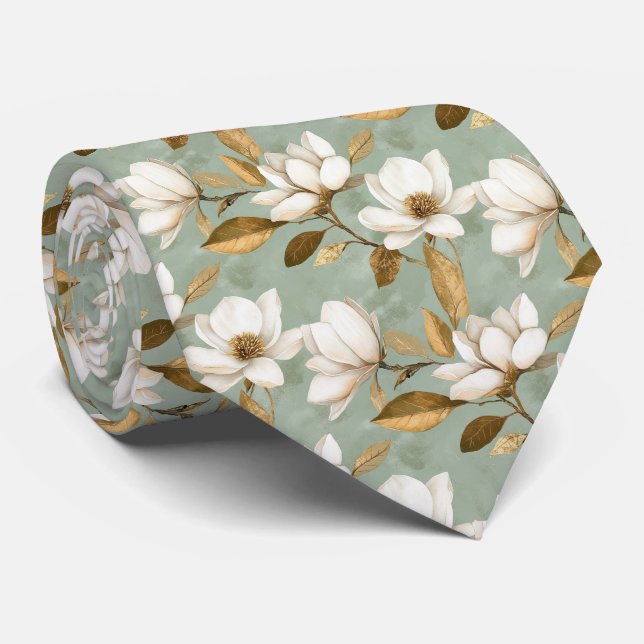 Golden Magnolia Floral Neck Tie Krawatte (Gerollt)