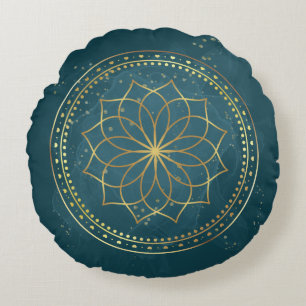 Golden Mandala auf Aquamarin Rundes Kissen