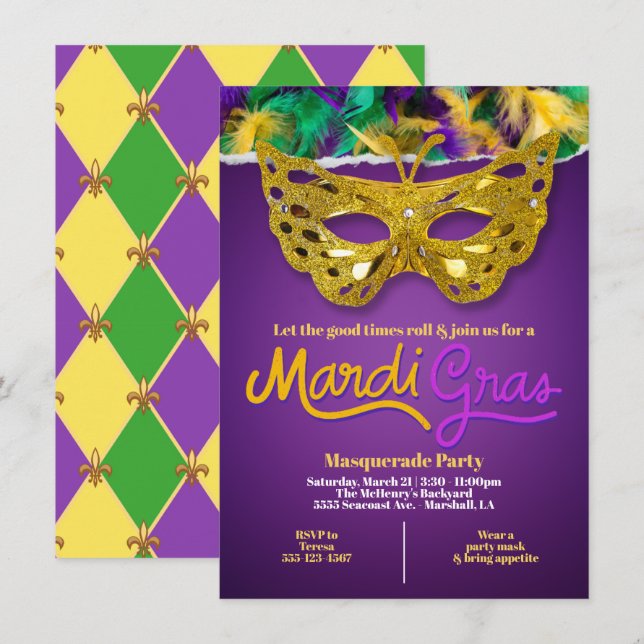 Golden Mardi Gras Masquerade Celebration Einladung (Vorne/Hinten)