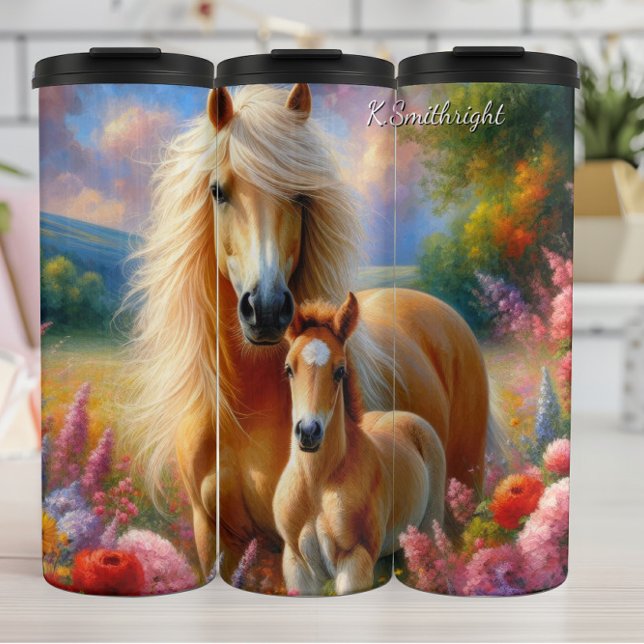 Golden Mare Foal Floral Meadow Thermosbecher (Von Creator hochgeladen)