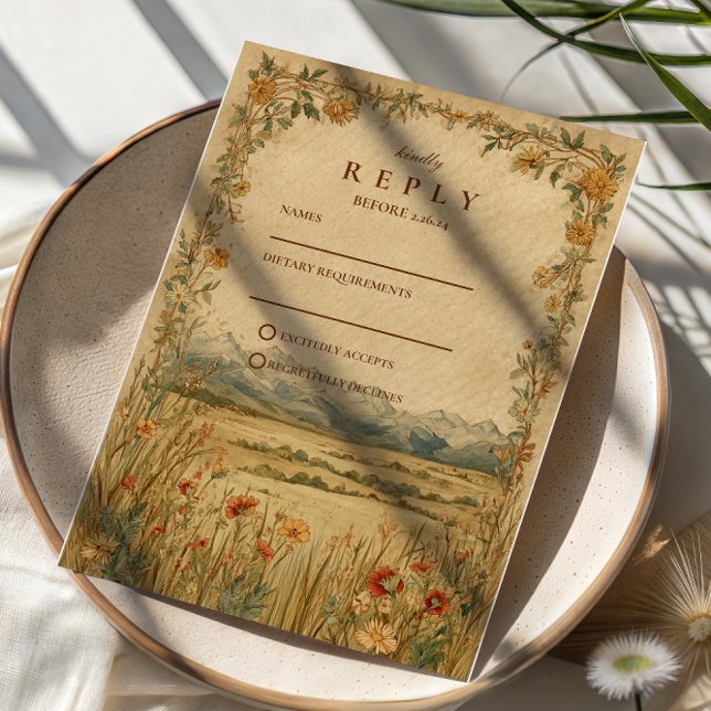 Golden Meadow Mountain Wedding RSVP Karte (Von Creator hochgeladen)