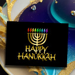 Golden Menorah Rainbow Flames Happy Hanukkah Card Feiertagskarte<br><div class="desc">Unterkunft thematisch von Umua entworfen. Gedruckt und ausgeliefert von Zazzle oder ihren Partnern.</div>