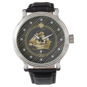 Golden Metallic Segelschiff & Anchor Gold Streifen Armbanduhr