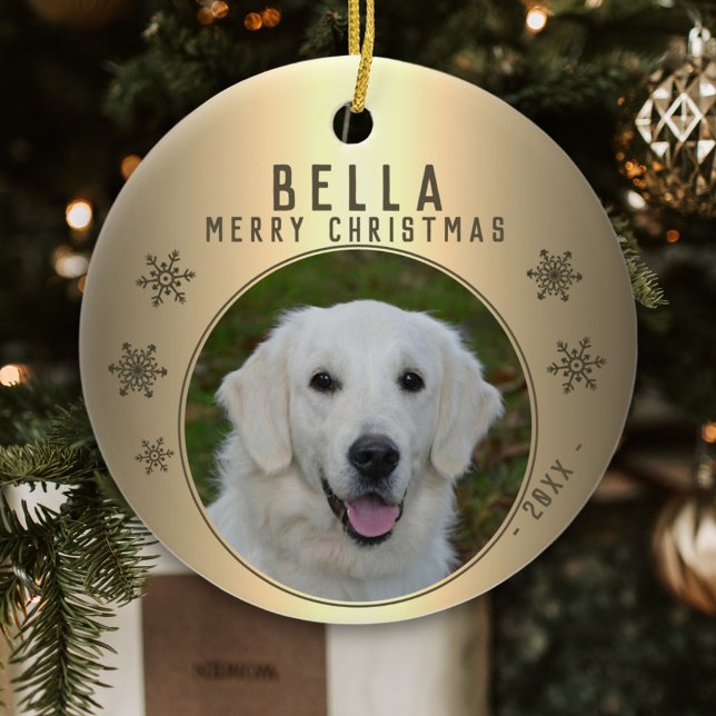 Golden Metallic Snowflake Dog Foto Keramik Ornament (Von Creator hochgeladen)