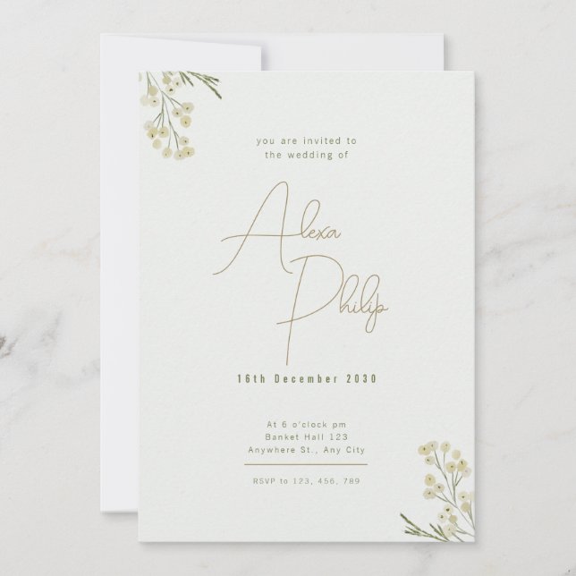 Golden Minimalistische Aquarellfarben Blume Hochze Einladung (Vorderseite)